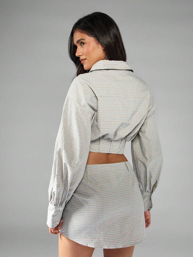 MISSGUIDED Button Front Checked Pattern Crop Blouse Puff Sleeve Corset Style Top School Girl Preppy Fashion Autumn Spring Collection Elegant Design Modern Classic