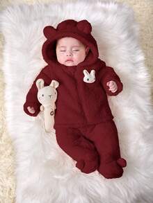 SHEIN Newborn Baby Girl Cute Pink Fluffy Cartoon Pattern Hooded Jacket And Elastic Waist Pants Set, Autumn/Winter Fall - Burgundy - View 5