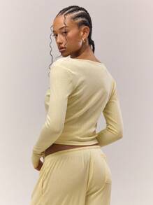 MUSERA 长袖深V裹身系带上衣，秋季复古乡村风，清新少女风，奶油黄/焦糖色，优雅假日风，春夏皆宜。 - 黃色 - 查看 3