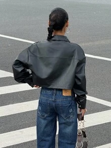 Muchica Fall Clothes Women, Flap Detail Drop Shoulder Crop PU Leather Jacket,Casual Button Drop Shoulder Collar Regular Fit Solid Color Women Jackets, Suitable For Daily Wear