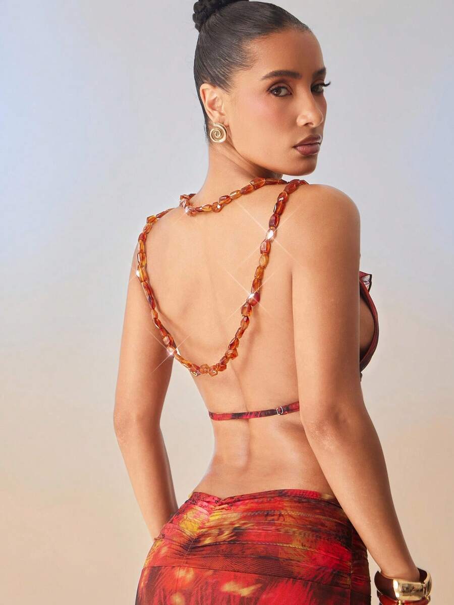 Hauture Áo ba lỗ xếp nếp họa tiết động vật trừu tượng có thể chuyển đổi có đính hạt cho tiệc đêm hè gợi cảm - Nhiều màu - Xem 1