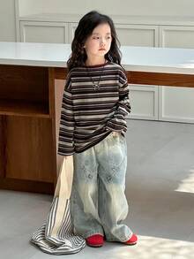 DAZY Young Girls Round Neck Casual Long Sleeve T-Shirt, Brown Stripes, Korean Style, Spring/Autumn - Coffee Brown - View 4