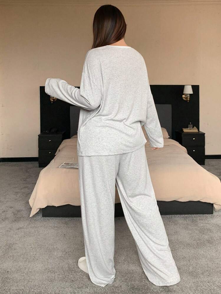 Dazy Plus Contrast Color Patchwork Round Neck Fake Placket Long Sleeve Top And Loose Pants Pajama Set, Plus Size Women, Fall Winter Clothes, Cozy Outfit