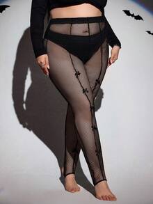 SHEIN CURVE+ Plus Size Punk Sweet Y2K Black Sheer Butterfly Print Leggings Plus Size Fishnet Tights Bow Tights/Autumn /Winter Halloween - Black - View 4