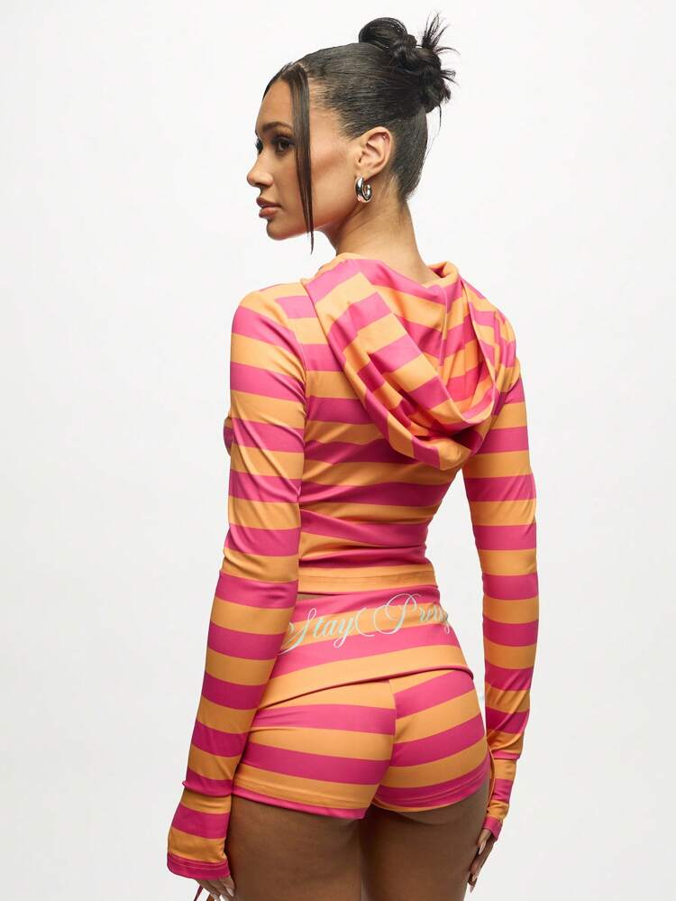 SUMWON WOMEN ストライプ柄 2ピースセット フルジップパーカー ショートパンツ サマーフェスティバル ストリートウェア ビーチカバーアップ ダンスパーティー