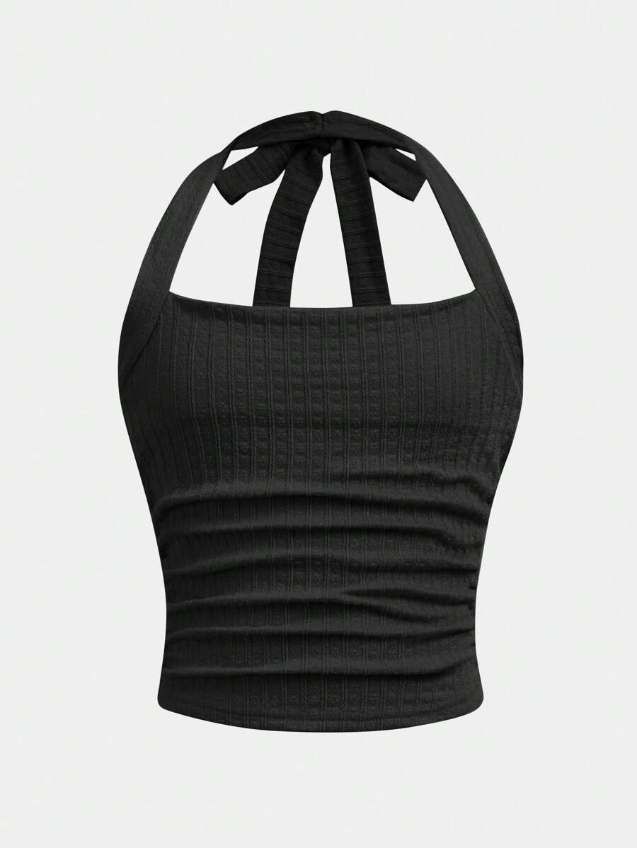 Tween Girls Casual Everyday Cute Solid Color Halter Knit Top - Black - View 1