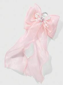 ROMWE Kawaii 1 chiếc móc khóa/túi xách DIY đính ngọc trai giả màu trắng đính hạt thủ công thanh lịch, pha lê & đá giả, nơ đôi lưới màu hồng, phụ kiện thời trang dành cho nữ, thích hợp làm trang phục hàng ngày hoặc làm quà tặng - Hồng - Xem 3