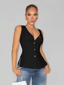 Sirith 女士性感优雅休闲深 V 领系腰袖开衫衬衫，适合日常旅行通勤 - 黑色 - 查看 7