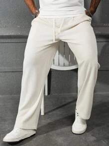 Manfinity Homme 男士畅销休闲裤，铆钉 INS 搭配不同面料，日常穿着，男友/丈夫礼物，周年纪念礼物，浅色直筒宽松长裤，秋季 - 杏色 - 查看 6