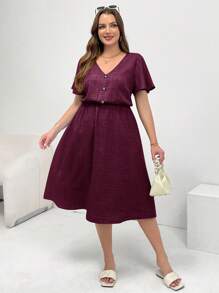 SHEIN Essnce Váy dài màu xanh lam có túi thời trang mùa xuân và mùa hè cỡ lớn cho nữ, dáng rộng thoải mái hàng ngày, đa năng, cổ chữ V, tay ngắn, eo, dáng dài vừa phải, phong cách mùa hè châu Âu, trang phục giáo viên cho phụ nữ, váy chống nắng, phong cách đơn giản - Màu Đỏ Sâu - Xem 4