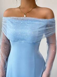 Elenzga 女式露肩串珠刺绣鱼尾连衣裙，2025年初秋 - 淺藍色 - 查看 4