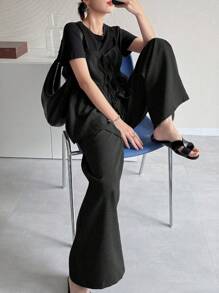 FRIFUL 女士纯色深灰色抽绳褶皱两件套，百搭商务休闲装，适合节日穿着