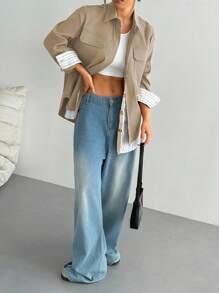 Teenage Girls' Casual All-Match Versatile Commuting Urban Daily Striped Faux 2-In-1 Shirt Jacket Fall Winter - Khaki - View 3