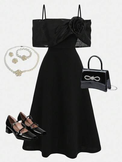 SHEIN Girlism Teen Girls Elegant 3D Floral Ribbon, Elastic Off-Shoulder Ruched Organza Double-Layer A-Line Dress, Suitable For Holidays, Parties, Elegant Occasions, Weddings, Back To School Season Dinner Outfit For Girl Black Dress With Bow Elegant Outfit For Girl Girls Church Outfit Funeral Outfit For Tween Girls