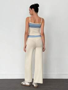 SHEIN Tall Vestă contrastantă cu talie joasă și șnur de cusut, pantaloni largi tricotați, ușori, de primăvară-vară, doar pentru vacanțe, eleganți, pentru plajă, drăguți, pentru aeroport, casă de plajă, îmbrăcăminte de aeroport, vacanță, toamnă/iarnă - Cremă - Vizualizare 10