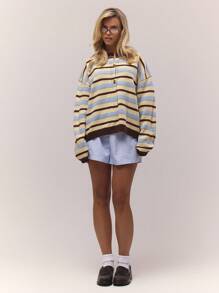 MUSERA 超大款纽扣落肩针织条纹套头衫，复古、可爱、乡村、田园风，休闲居家开衫，女士奶油糖色，适合工作、办公室、冬季、春季穿着，时尚又舒适，适合度假穿着。 - 彩色 - 查看 4
