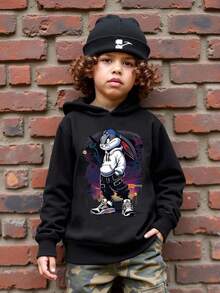 SHEIN 男童休闲舒适针织酷兔图案印花长袖厚连帽衫，配蓝色遮阳帽