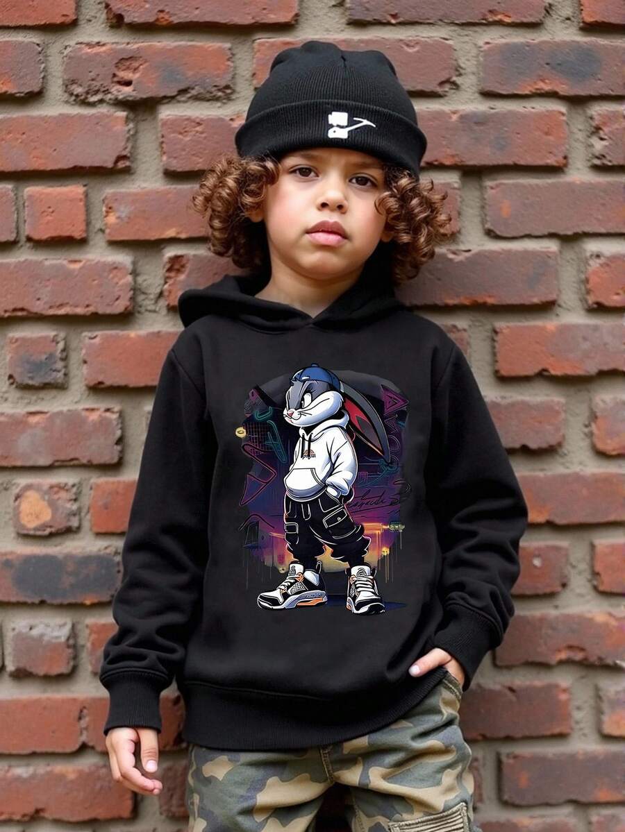 SHEIN 男童休闲舒适针织酷兔图案印花长袖厚连帽衫，配蓝色遮阳帽