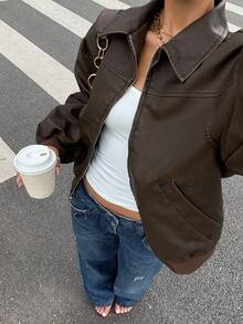 Muchica Quần áo mùa thu cho nữ Áo khoác da PU họa tiết bông tuyết cổ điển mới, thích hợp mặc hàng ngày và dạo phố - màu nâu - Xem 1