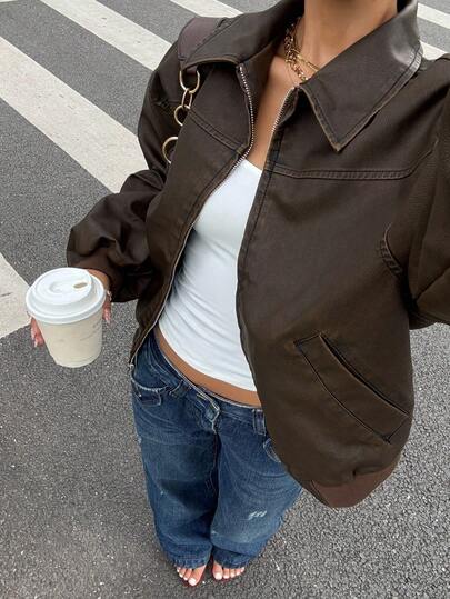 Muchica Fall Clothes Women New Vintage Washed Snowflake PU Leather Jacket,Suitable For Daily Wear And Street Wear