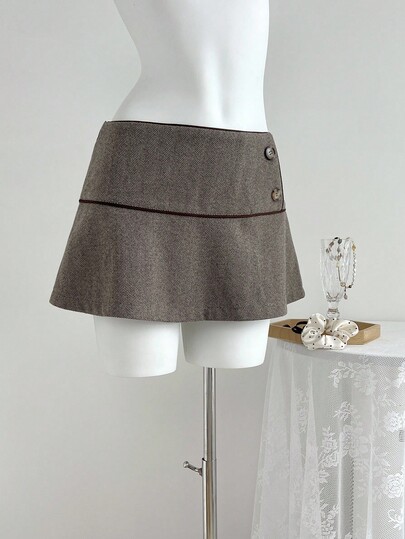 Elamini Vintage Style Low Waist Women's Button Design Fashion Midi Skirt