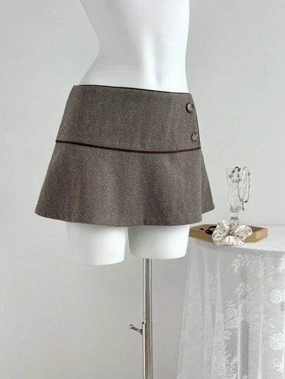 Elamini Vintage Style Low Waist Women's Button Design Fashion Midi Skirt