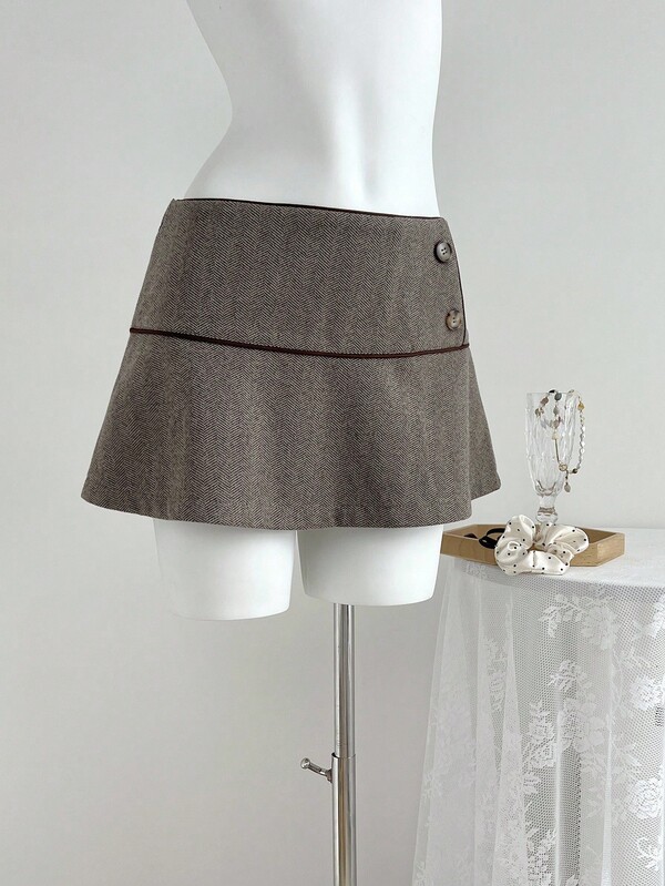 Elamini Vintage Style Low Waist Women's Button Design Fashion Midi Skirt