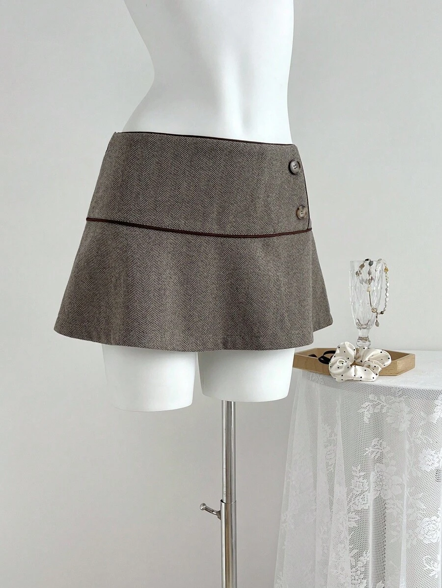 Elamini Rok Midi Fashion Wanita Gaya Vintage Pinggang Rendah dengan Desain Kancing - Coffee Brown - View 1