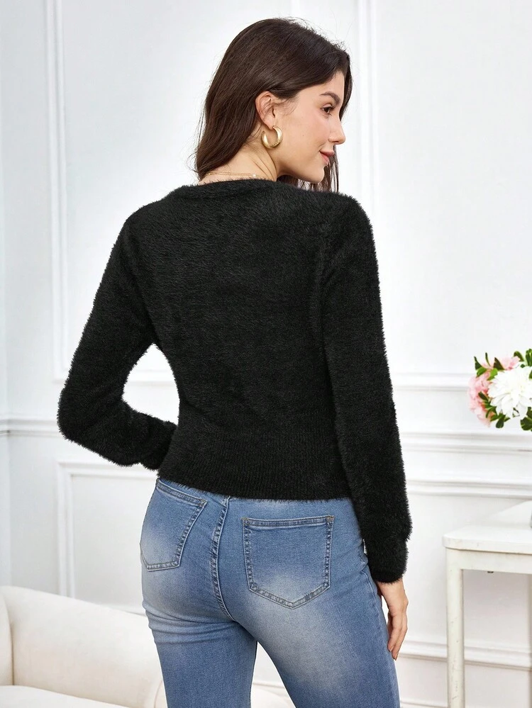 Top de chandail style cache-cœur élégant pour femmes, cardigan noir duveteux pour l'automne/l'hiver, cardigan noir à col en V pour femmes, cardigan noir à boutons pour femmes, cardigan tricoté noir pour femmes, hauts duveteux pour femmes
