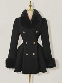 SHEIN ICON 女士优雅喇叭形人造毛皮拼布双排扣夹克，秋冬 - 黑色 - 查看 4
