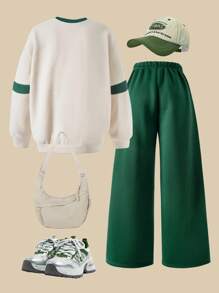 SHEIN 2pcs/Set Girls Casual Loose Drop Shoulder Sweatshirt And Wide Leg Pants, Autumn/Winter Fall