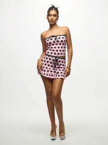 SUMWON WOMEN Strapless Polka Dot Co-Ord Set Summer Festival Ruffle Mini Skirt Two Piece Outfit Evening Party Vacation Retro Clubwear - Pink - View 3