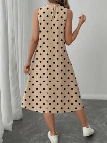 Easowa 女士休闲波点圆领中长连衣裙，适合春夏穿着，时尚休闲连衣裙，波点连衣裙，女士休闲波点连衣裙，女士秋季服装，休闲 - 卡其色 - 查看 7
