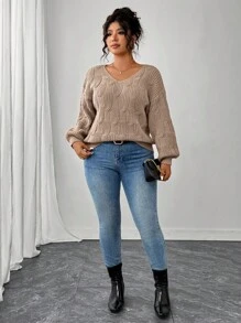 Elenzga Sweater Rajut Lengan Panjang Leher V Ukuran Besar untuk Wanita, Gaya Kasual Musim Dingin, Gugur, dan Musim Panas - Aprikot - View 4