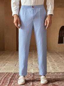 HIMLAND 男士休闲梭织竖条纹中腰锥形裤，适合日常穿着，非常适合夏季度假和沿海风格男士细条纹裤细条纹裤，秋季 - 藍白色 - 查看 4