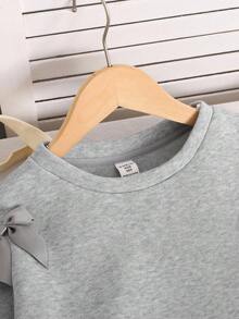 Tween Girl All-Match Versatile Casual Crew Neck Loose Solid Gray Sweatshirt With Bow Decor, Autumn/Winter