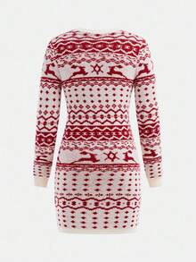 Tween Girl Casual Fitted Long Sleeve Crew Neck Sweater Dress Christmas Sweater Dress Autumn Winter Clothes For Girl - Beige - View 2