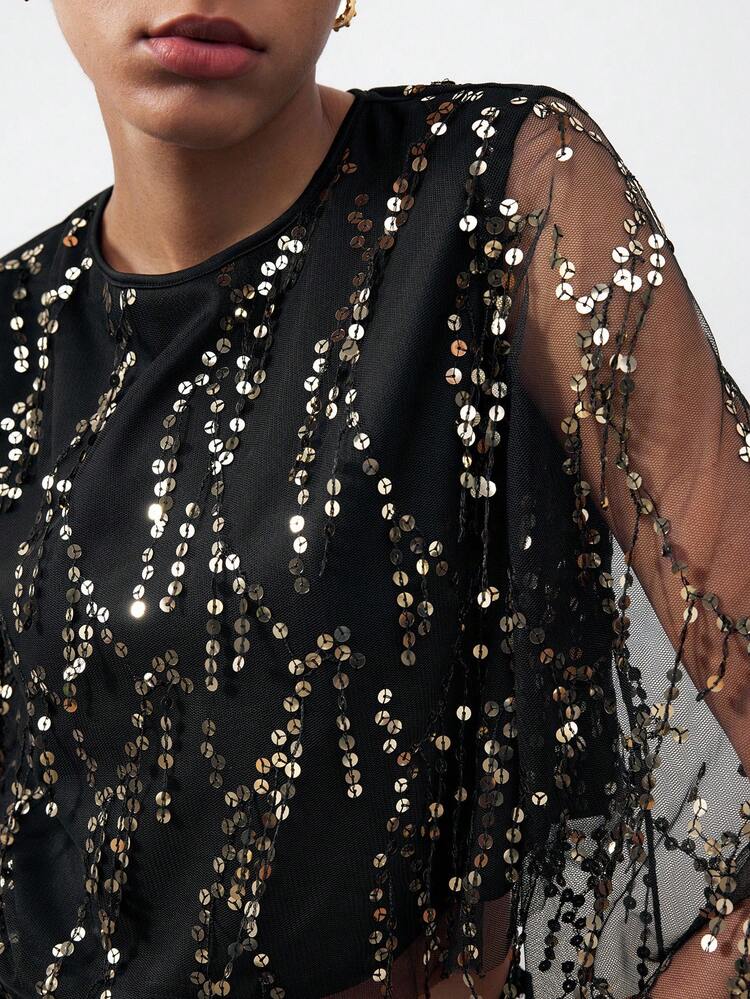 SHEIN Maija Top en maille pailletée et sequinée avec manches évasées, parfait pour le jour de la Saint-Patrick, les fêtes de Pâques, les vacances d'été à la plage ou la remise des diplômes