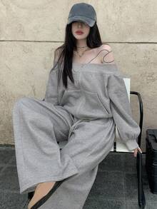 DAZY 女士露肩长袖运动衫和宽松休闲裤两件套，韩版，春秋 - 灰色 - 查看 1
