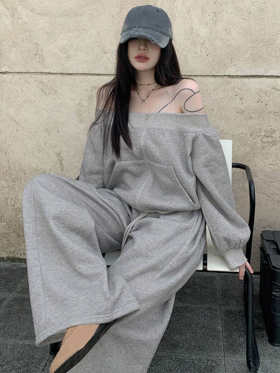 DAZY 女士露肩长袖运动衫和宽松休闲裤两件套，韩版，春秋 - 灰色 - 查看 1