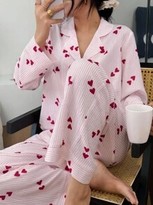 Dream Adore Women's Collared Heart Striped Long Sleeve Pink Top & Pants, Valentines Day Pajama Set, Fall Winter Clothes Cozy And Elegant Details
