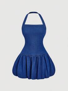 SHEIN MOD 女式露背挂脖牛仔连衣裙 - 藍色 - 查看 1