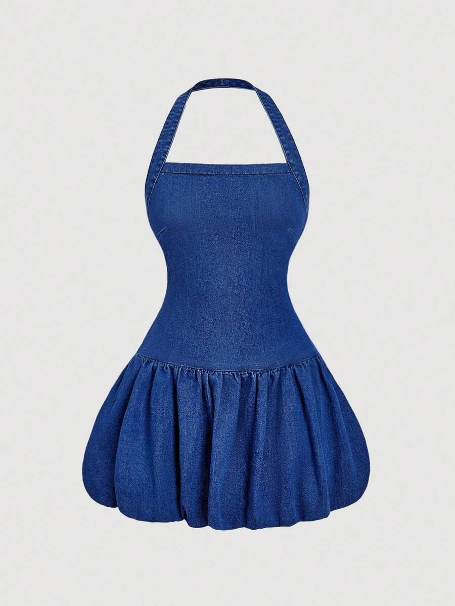 SHEIN MOD 女式露背挂脖牛仔连衣裙 - 藍色 - 查看 1