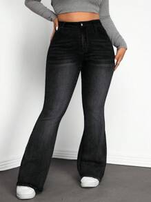 SHEIN EZwear 大码女式高腰口袋喇叭裤休闲百搭牛仔裤 - 黑色 - 查看 1