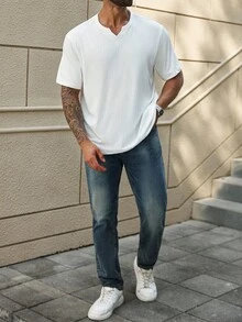 Manfinity Homme 大码男士休闲宽松纯色短袖T恤，夏季 - 白色 - 查看 3