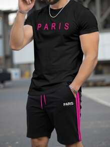 Manfinity Homme Bộ quần short 2 món in chữ cổ tròn tay ngắn thường ngày cho nam Bộ quần short nam 2 món Bộ quần short nam Bộ áo phông nam Phối đồ - màu đen - Xem 1