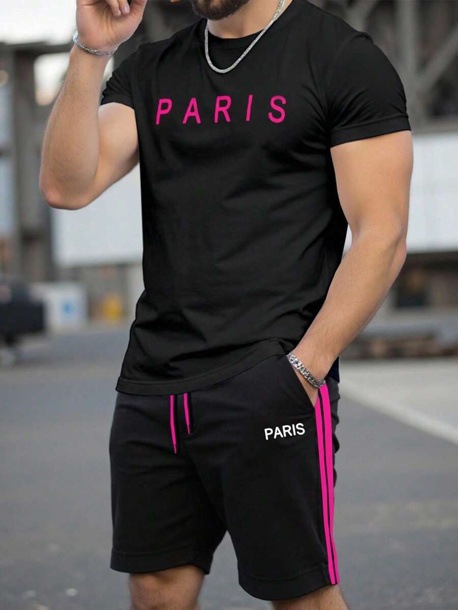 Manfinity Homme Bộ quần short 2 món in chữ cổ tròn tay ngắn thường ngày cho nam Bộ quần short nam 2 món Bộ quần short nam Bộ áo phông nam Phối đồ - màu đen - Xem 1