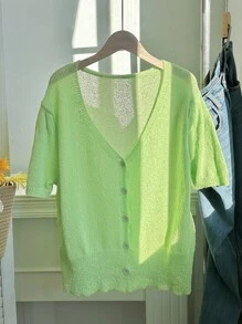 Comfortcana Plus Size Casual Solid Color Short Sleeve Lightweight Cardigan - Mint Green - View 4