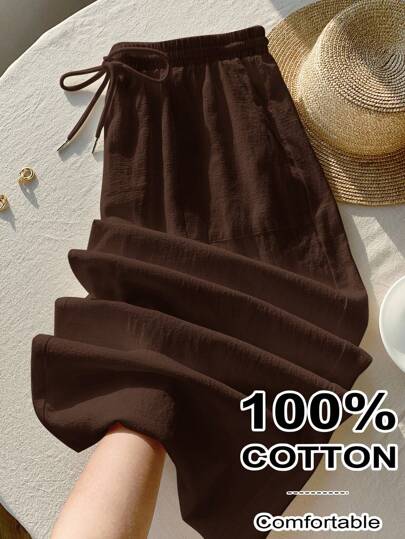 Comfortcana Plus Size Women Chocolate Brown Casual Pants 100% Cotton Pants Brown Bottoms Women Women Bottoms Autumn& Autumn,Fall Clothes For Women