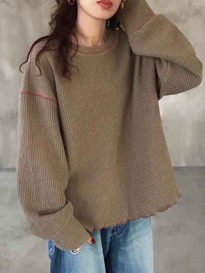 FRIFUL 女士宽松圆领插肩袖纯色撞色滚边休闲T恤，秋季长袖女款